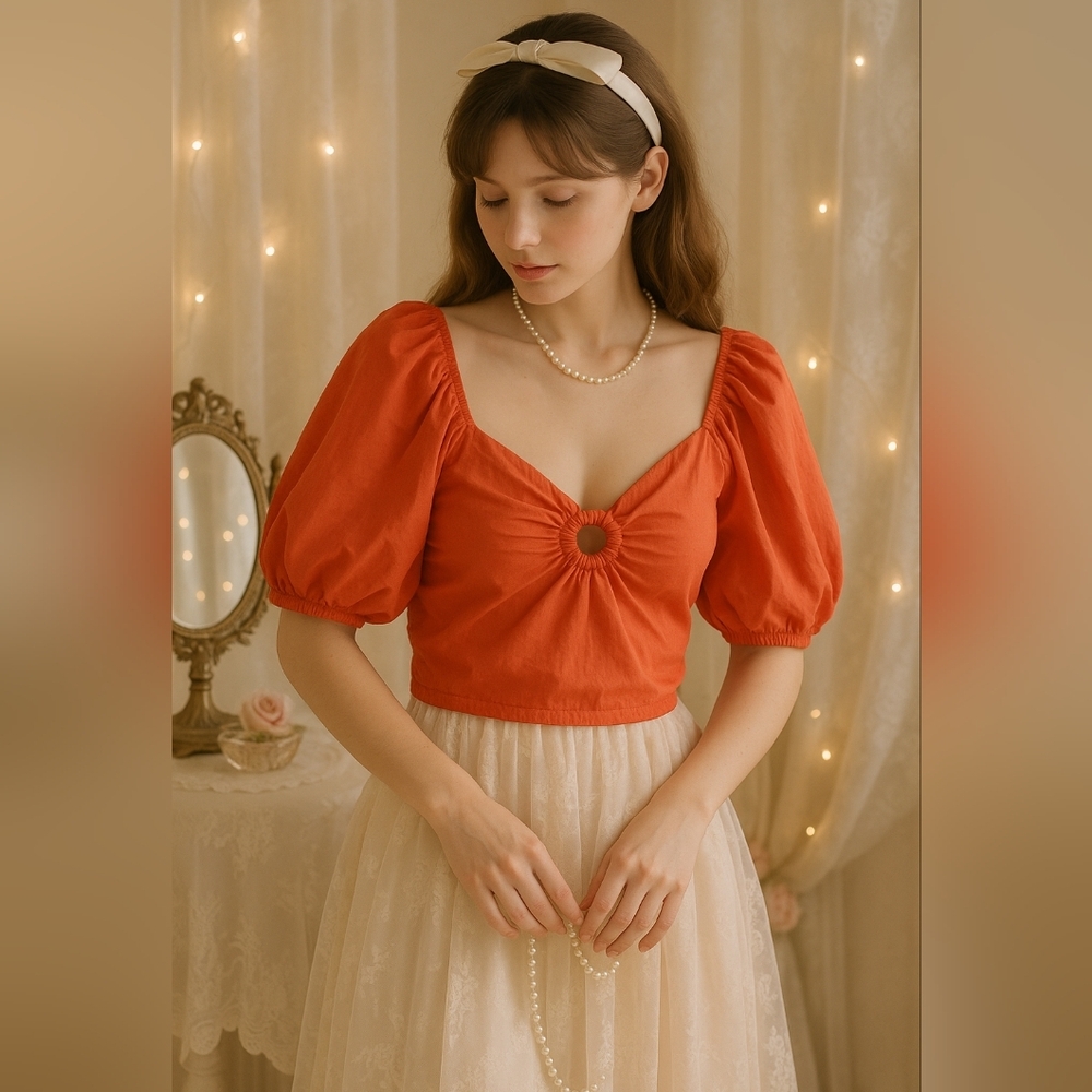 Sim & Sam Puff Sleeve Crop Top  Cotton Size S‎ Ruched Back Fairycore Coquette